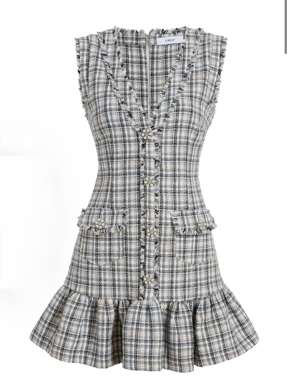 NWT LIKELY Franco Dress Grey Multi Plaid Tweed Pearl Button Size 8